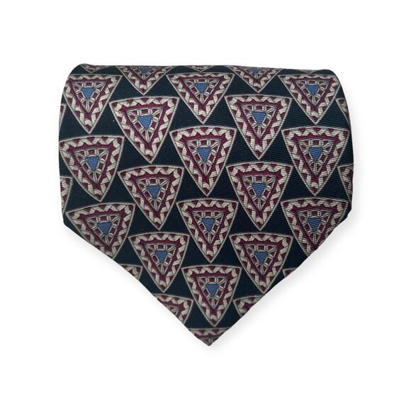 Burberrys of London Blue Burgundy White Geometric Patterned 100% Silk Neck Tie - Picture 1 of 8
